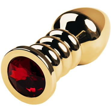 Toyfa Metal Анальная втулка с кристаллом, золотой/красный - С рельефной ножкой из металла - купить в секс шопе
