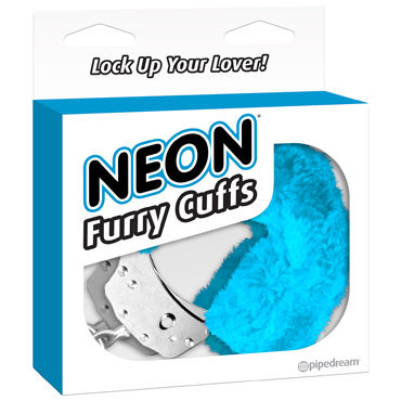 Pipedream Neon Luv Touch Neon Furry Cuffs, синие, Наручники неоновые металлические