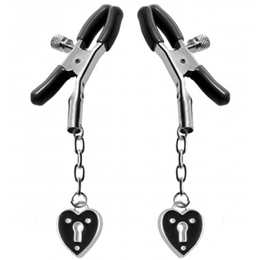 XR Brands Master Series Charmed Heart Padlock Nipple Clamps, серебристые, Зажимы на соски с подвесками