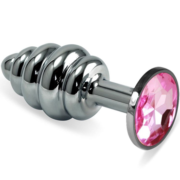 Funny Steel Anal Plug Al Medium, серебристый/розовый, Анальная пробка с кристаллом и ребристой поверхностью