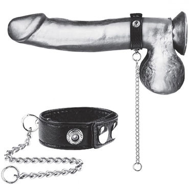 Blue Line Snap Cock Ring With Leash, черное, Кольцо на пенис из экокожи с поводком из металла