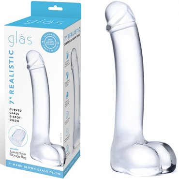 Glas 7" Realistic Curverd Glass G-Spot Dildo, прозрачный, Реалистичный дилдо из стекла с мошонкой
