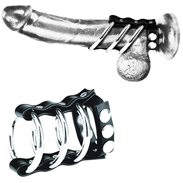 BlueLine C&B Gear Tripple Metall Cock Ring With Adjustable Snap Ball Strap, черное, Тройное металлическое кольцо на член с регулируемым ремешком