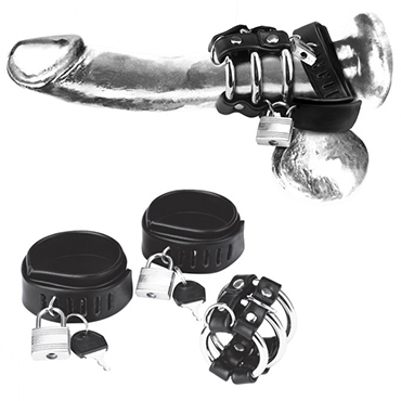 BlueLine C&B Gear Locking Ball Stretcher Cock Ring and Three-Ring Cock Cage, черный, Комплект для мошонки и члена с замочками