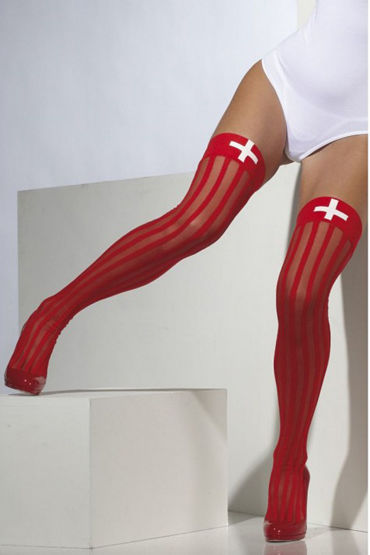 Fever Sheer Hold-Ups with Vertical Stripes and Cross Print - Чулки для медсестры - купить в секс шопе