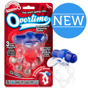Screaming O Overtime, голубой, Виброкольцо с клиторальным стимулятором