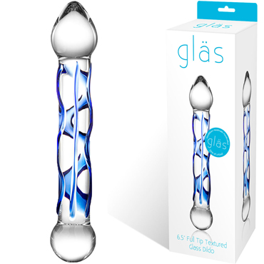 Glas 6,5" Full Tip Textured Glass Dildo, прозрачно-синий