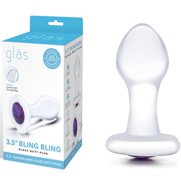 Glas Butt Plug 3,5" Bling Bling, прозрачный/фиолетовый, Стеклянная анальная пробка со стразом
