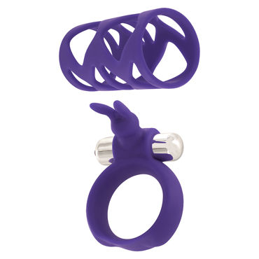 Toy Joy Tickler Bunny Ring Set, фиолетовый, Набор из насадки и виброкольца на пенис