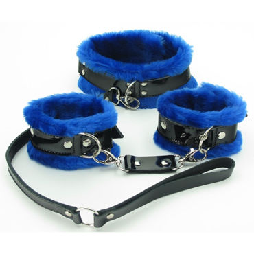 BDSM Арсенал Ошейник и наручники с синим мехом - фото, отзывы