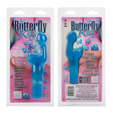 California Exotic Butterfly Kiss, синий - Вибромассажер с вагинальным и клиторальным стимуляторами - купить в секс шопе