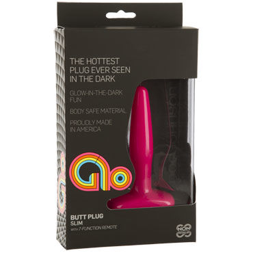 Doc Johnson GLO Vibrating Slim, розовая - Анальная пробка с вибрацией, светящаяся в темноте - купить в секс шопе