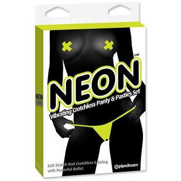 Pipedream Neon Vibrating Crotchless Panty and Pasties Set, желтый, Набор, трусики с вырезом, пэстисы и вибропуля