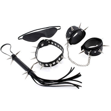 Pipedream Rock Hard Bondage Kit, Набор для бондажа с шипами: плеть, маска, наручники и ошейник