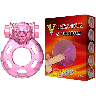 Baile Vibrator & Condom Pink Bear, розовое, Эрекционное виброкольцо с клиторальным стимулятором