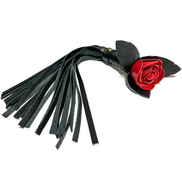 BDSM Арсенал Плеть Роза лаковая с кожаными хвостами, красно-черная, С навершием в виде розы