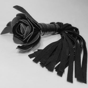 BDSM Арсенал Плеть Роза лаковая с замшевыми хвостами, черная, С навершием в виде розы