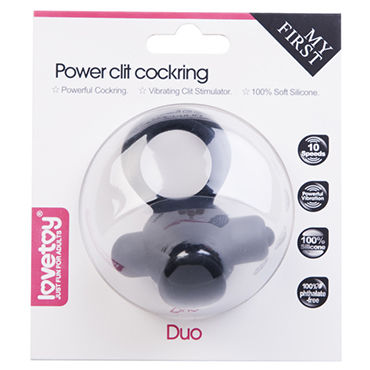 Lovetoy Power Duo Clit Cockring, черное - Эрекционное кольцо с 10 режимами вибрации и петлей для мошонки - купить в секс шопе