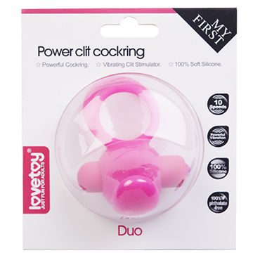 Lovetoy Power Duo Clit Cockring, розовое - Эрекционное кольцо с 10 режимами вибрации и петлей для мошонки - купить в секс шопе