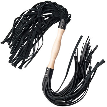 Toyfa Theatre Флоггер из натуральной кожи, черный, Двусторонний с ручкой из дерева
