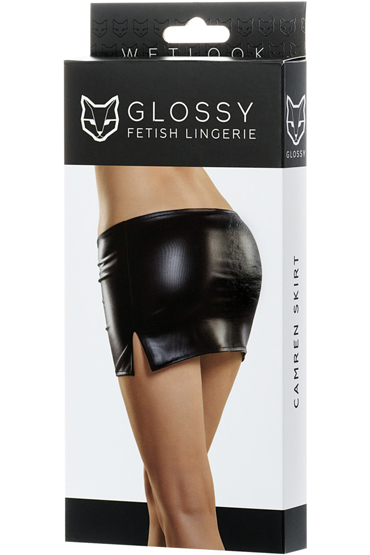 Glossy Camren Skirt, черная, Мини-юбка из материала Wetlook и другие товары Erolanta с фото
