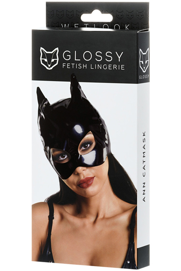 Glossy Ann Catmask, черная - Маска кошки из материала Wetlook - купить в секс шопе