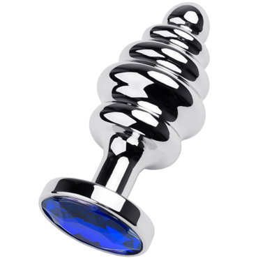 Toyfa Metal Анальная втулка с кристаллом - ребристая, серебристый/синий, Ребристой формы из металла