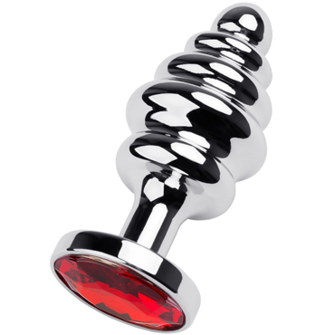 Toyfa Metal Анальная втулка с кристаллом - ребристая, серебристый/красный