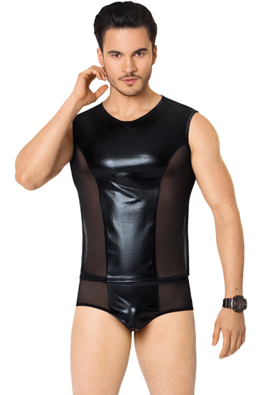 SoftLine Мужской костюм сетка со вставками wetlook, чёрный