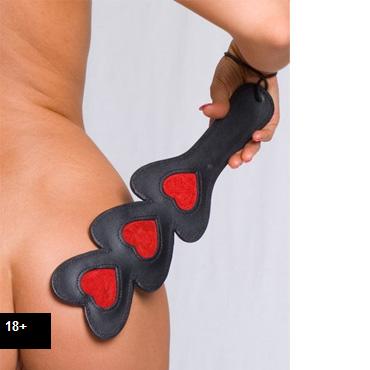 Toyfa-leather кожаная шлепалка черная, С сердечками