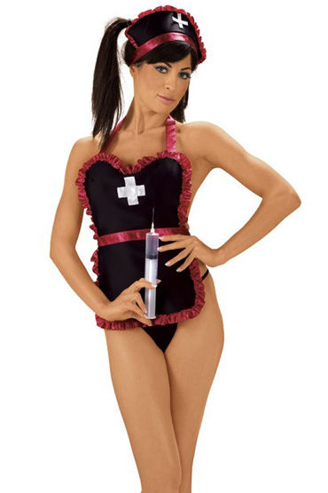 Roxana костюм медсестры, черный, 3 предмета, отделан красной оборкой
