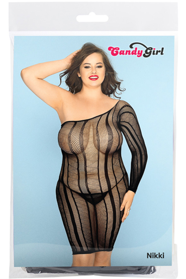 Candy Girl Nikki, черное - Платье-сетка с длинным рукавом и стринги - купить в секс шопе