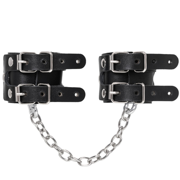 Pecado BDSM Наручники-браслеты с двумя ремешками, чёрные - Из натуральной кожи - купить в секс шопе