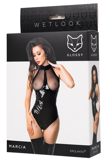 Glossy Marcia, черное, Откровенное боди из блестящего материала Wetlook и другие товары Erolanta с фото