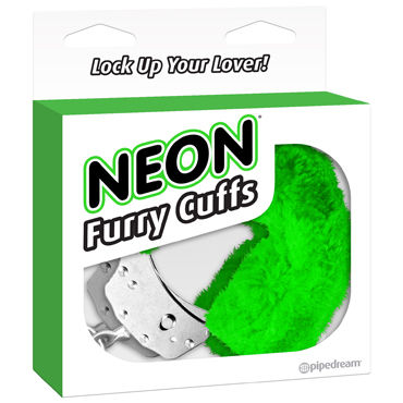 Pipedream Neon Luv Touch Neon Furry Cuffs, зеленые, Наручники неоновые металлические