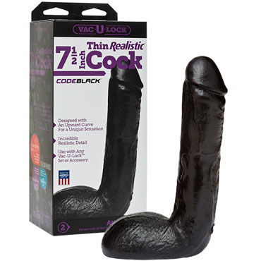 Doc Johnson Vac-U-Lock Thin Realistic Cock 19 см, черная, Реалистичная насадка фаллоимитатор
