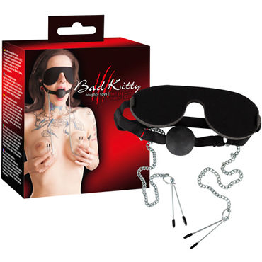 Bad Kitty Mask with Ball Gag and Nipple Clamps, черная, Маска с кляпом и зажимами