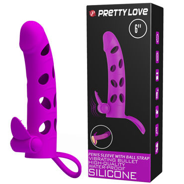 Baile Pretty Love Penis Sleeve With Ball Strap 6", розовая, Насадка с вибрацией, с закрытой головкой