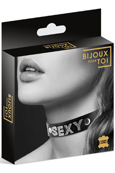 Bijoux Pour Toi Collier Strass Sexy Cuir Bovin, черный, Чокер с надписью Sexy