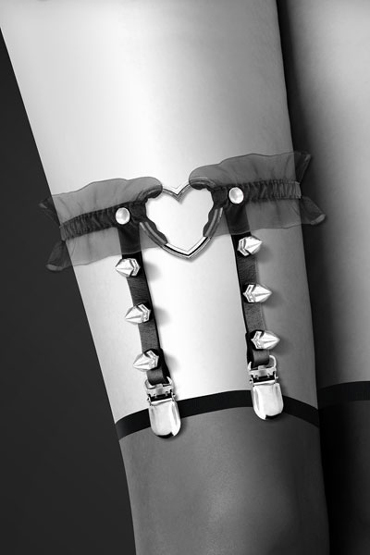 Bijoux Pour Toi Garter With Heart, черная - Подвязка с сердцем, шипами и металлическими застежками - купить в секс шопе