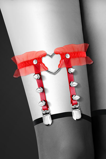 Bijoux Pour Toi Garter With Heart, красная - Подвязка с сердцем, шипами и металлическими застежками - купить в секс шопе