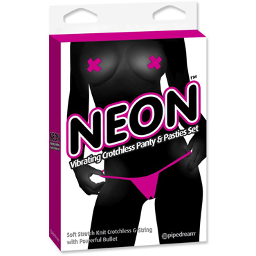 Pipedream Neon Vibrating Crotchless Panty and Pasties Set, Неоновые вибротрусики с доступом и пестисы