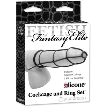 Pipedream Fetish Fantasy Elite Cockcage and Ring Set, черная, Насадка-сеть на пенис