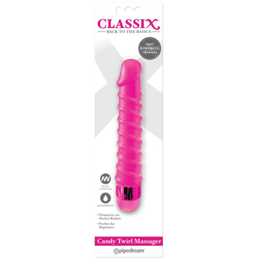 Pipedream Classix Candy Twirl Massager, розовый, Неоновый вибромассажер с винтовыми ребрышками
