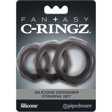 Pipedream Fantasy C-Ringz Silicone Designer Stamina Set, черный, Набор эрекционных колец граненых
