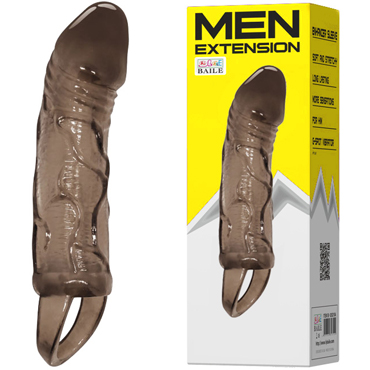Baile Men Extension Realistic Penis Sleeve Extender Veined Medium, черная, Закрытая насадка с петлей для мошонки среднего размера