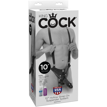 Pipedream King Cock 10" Hollow Strap-On Suspender System, черный, Страпон система с полой насадкой фаллосом