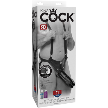 Pipedream King Cock Two Cocks One Hole Hollow Strap-On Suspender System, черный, Полый страпон со сдвоенной насадкой
