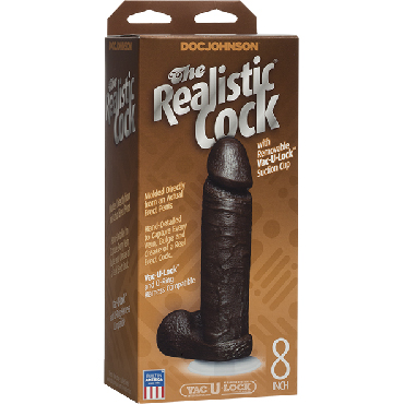 Doc Johnson The Realistic Cock 20 см, коричневый - Реалистичный фаллоимитатор с мошонкой, совместим с Vac-U-Lock - купить в секс шопе