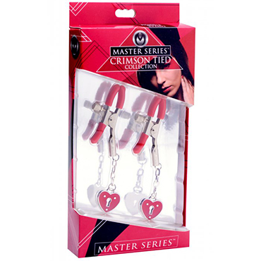 XR Brands Master Series Captive Heart Padlock Nipple Clamps, красные - Зажимы на соски с подвесками - купить в секс шопе